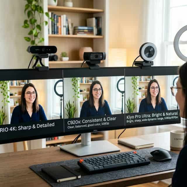 Logitech C920 vs C922 vs Brio 500 webcam comparison for hybrid workers 2026