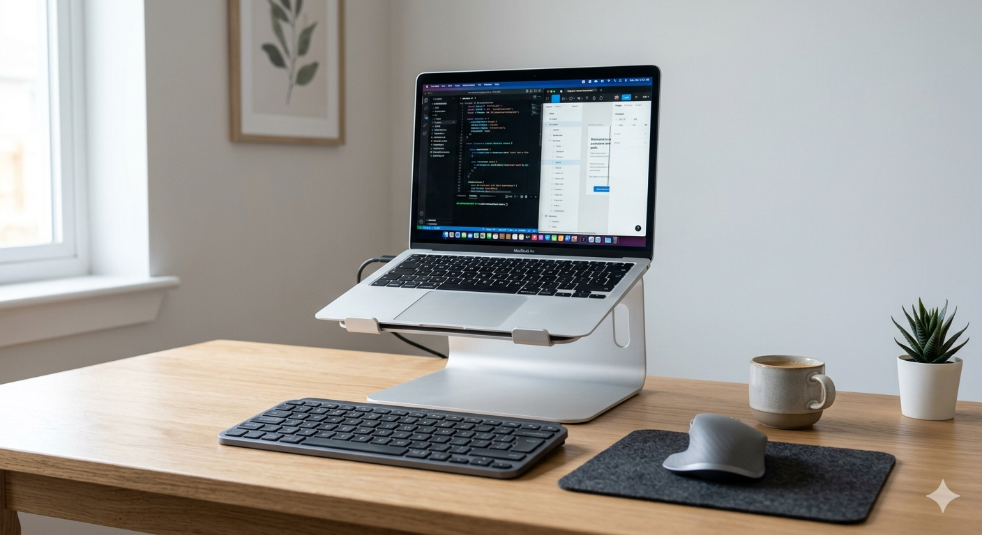 Best laptop stands for desk 2026 — laptop elevated to eye level on aluminum stand for hybrid workers
