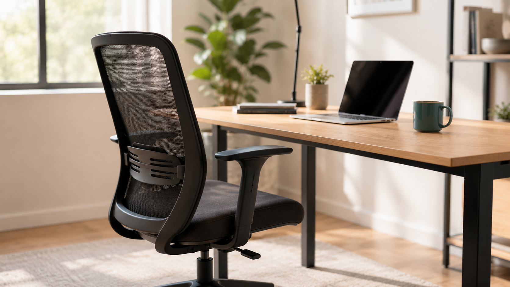 Close-up of mesh backrest and lumbar support on a budget ergonomic office chair