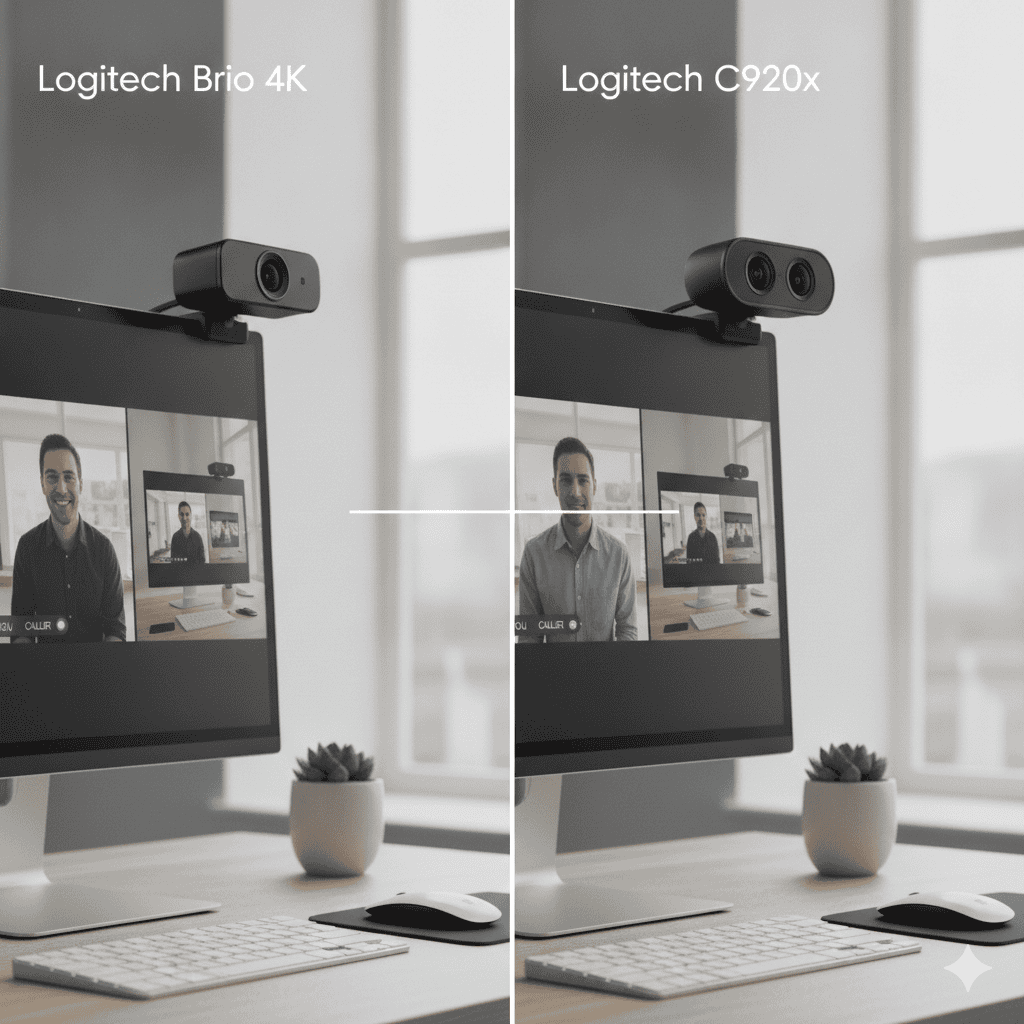 Logitech Brio 4K vs C920x webcam comparison on desk setup for remote work