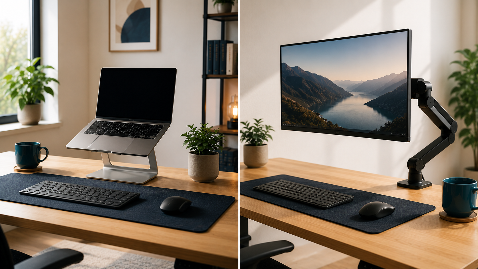 Laptop stand vs monitor arm — comparing two desk ergonomic setups side by side