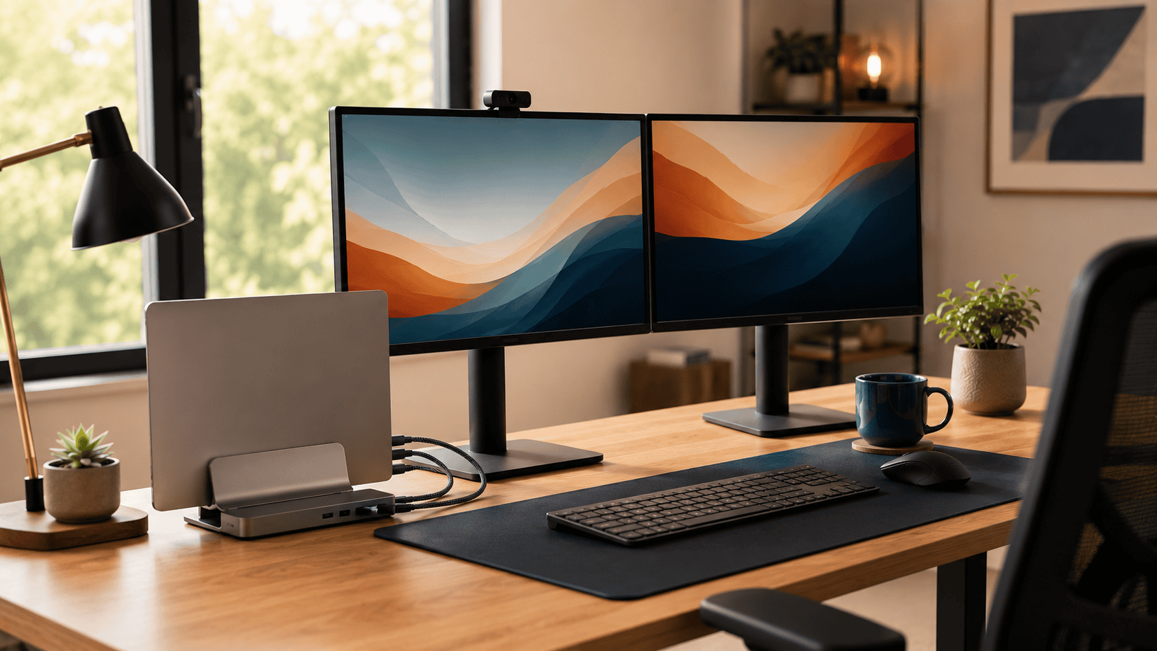 Best docking station for dual monitors — dual-monitor home office setup with a laptop dock