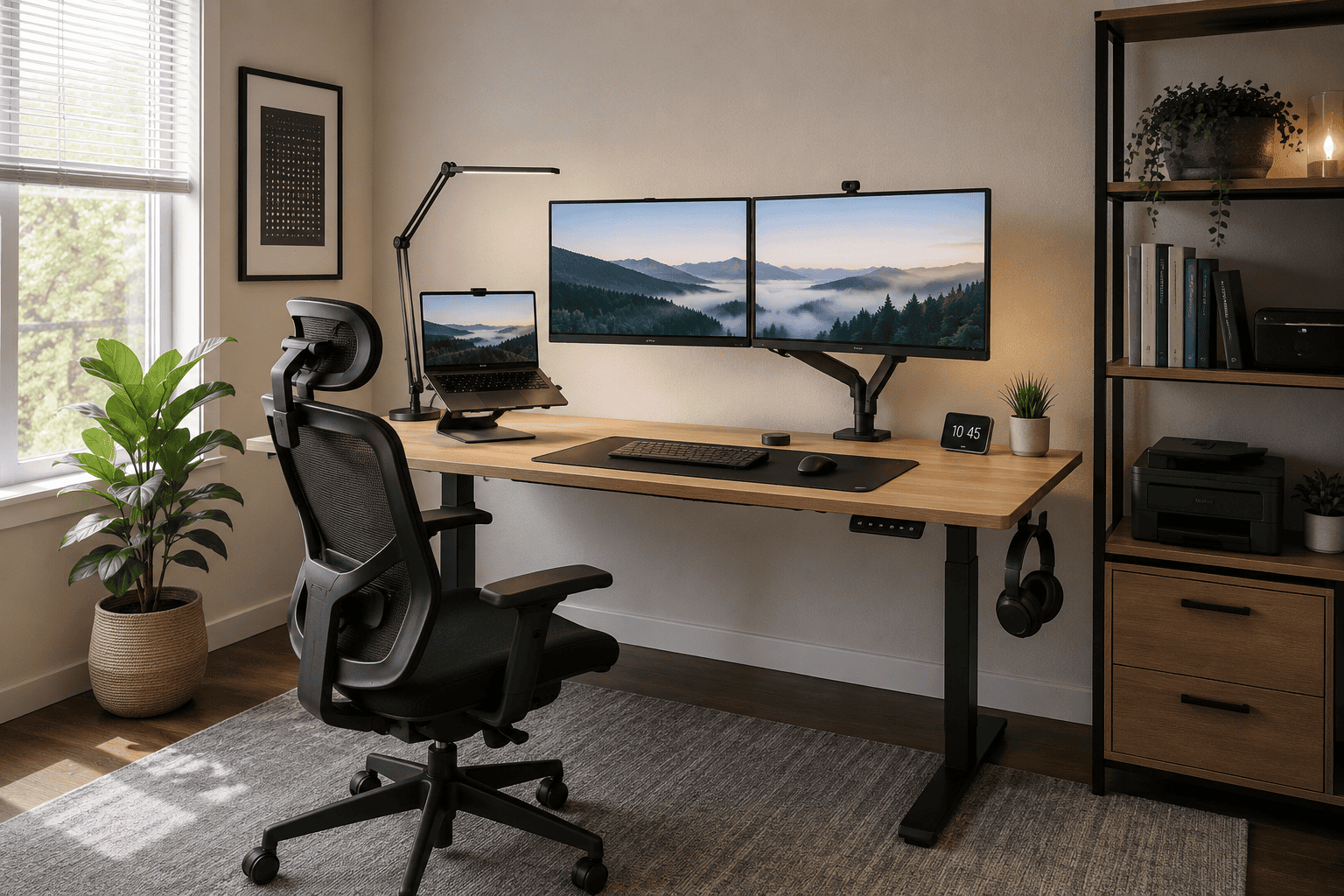 Ergonomic home office setup with height-adjustable standing desk, mesh chair, and dual monitors on a monitor arm