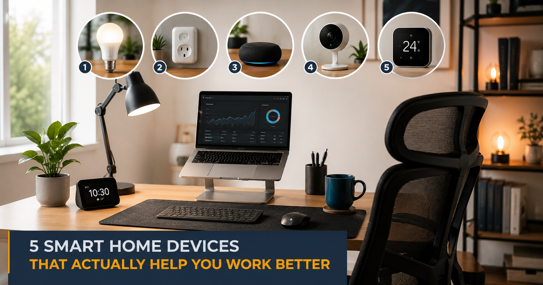 Smart home devices that help you work better — smart lighting and gadgets on an evening work desk