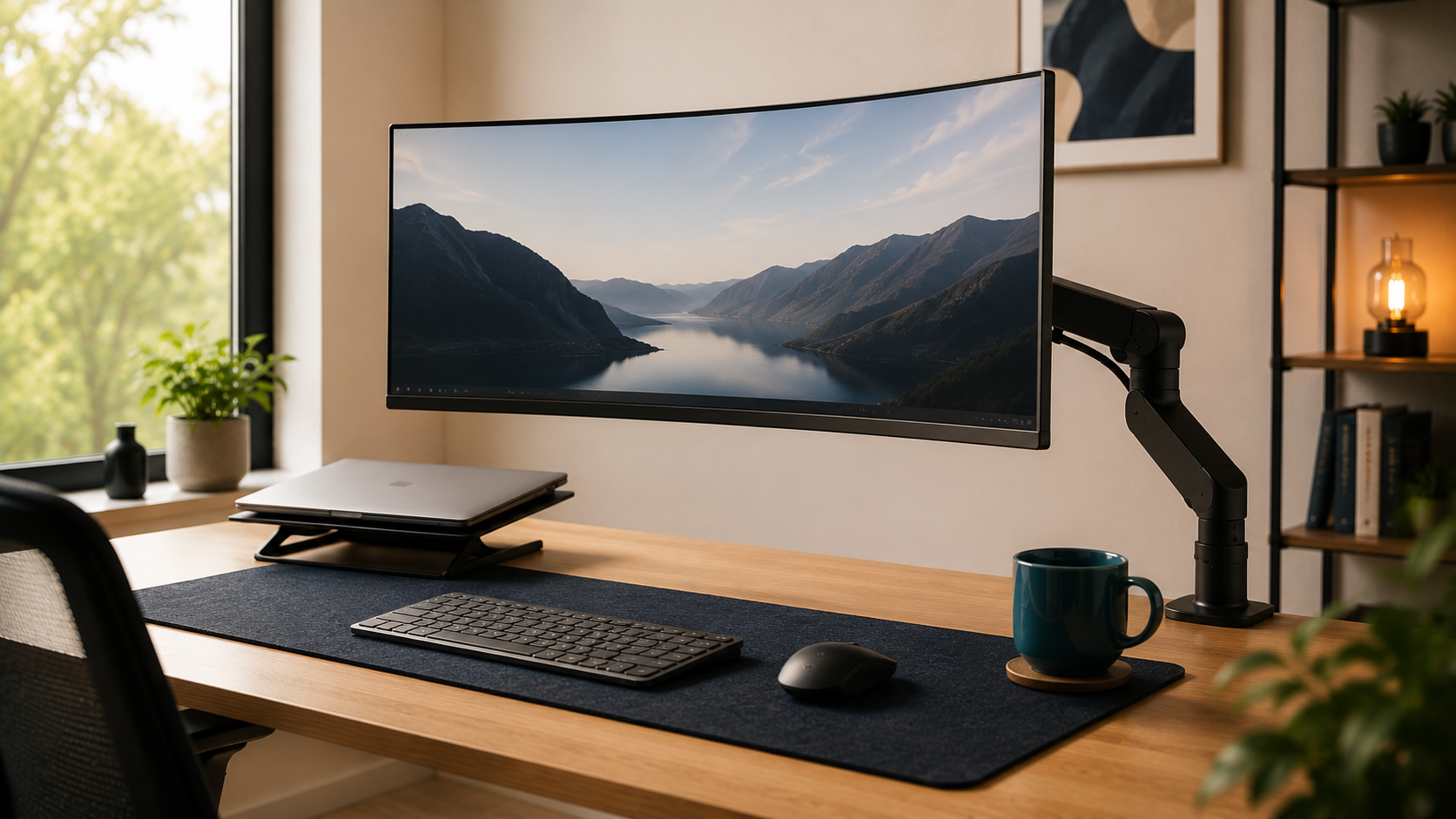 Best monitor arm for ultrawide — curved ultrawide monitor on an articulating arm on a desk