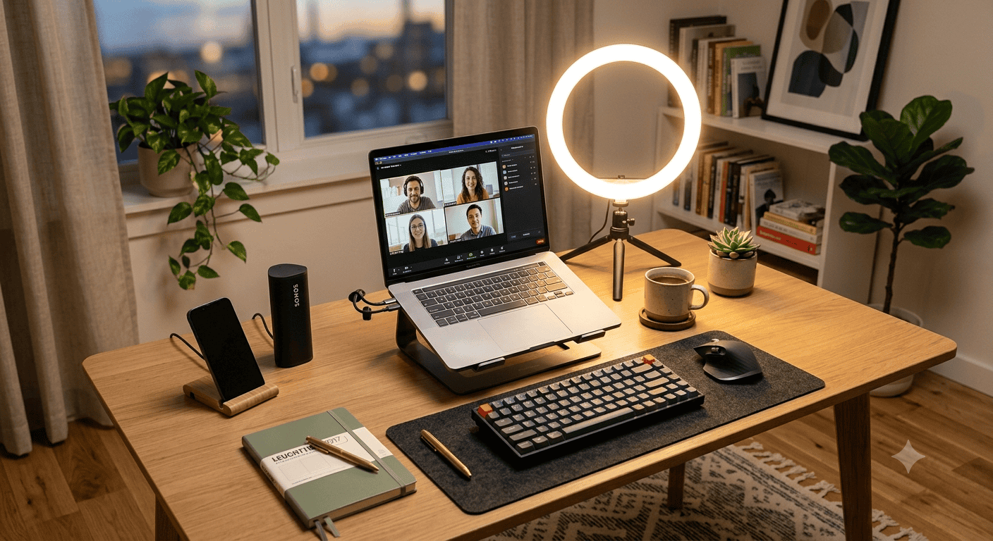 Ring light setup for video conferencing in home office with laptop and professional lighting