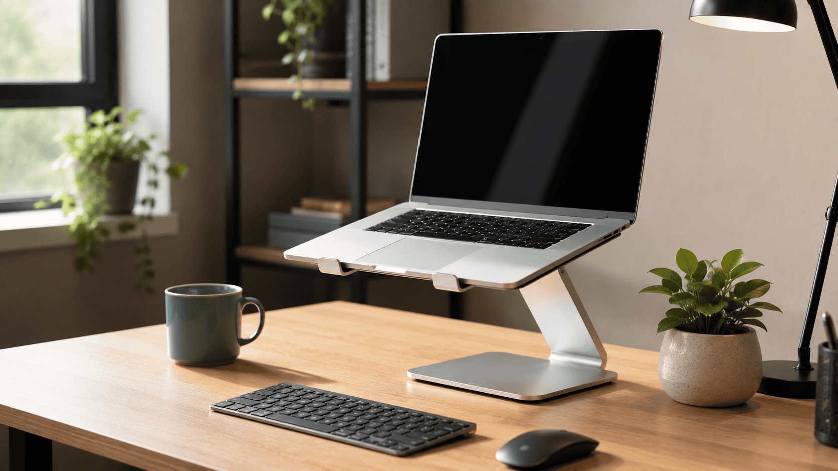 Best laptop stand for desk — laptop raised to eye level on a stand in a home office