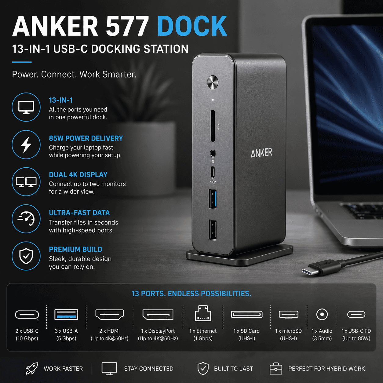 Anker 577 USB-C docking station on a clean desk setup connected to dual monitors and a MacBook Pro