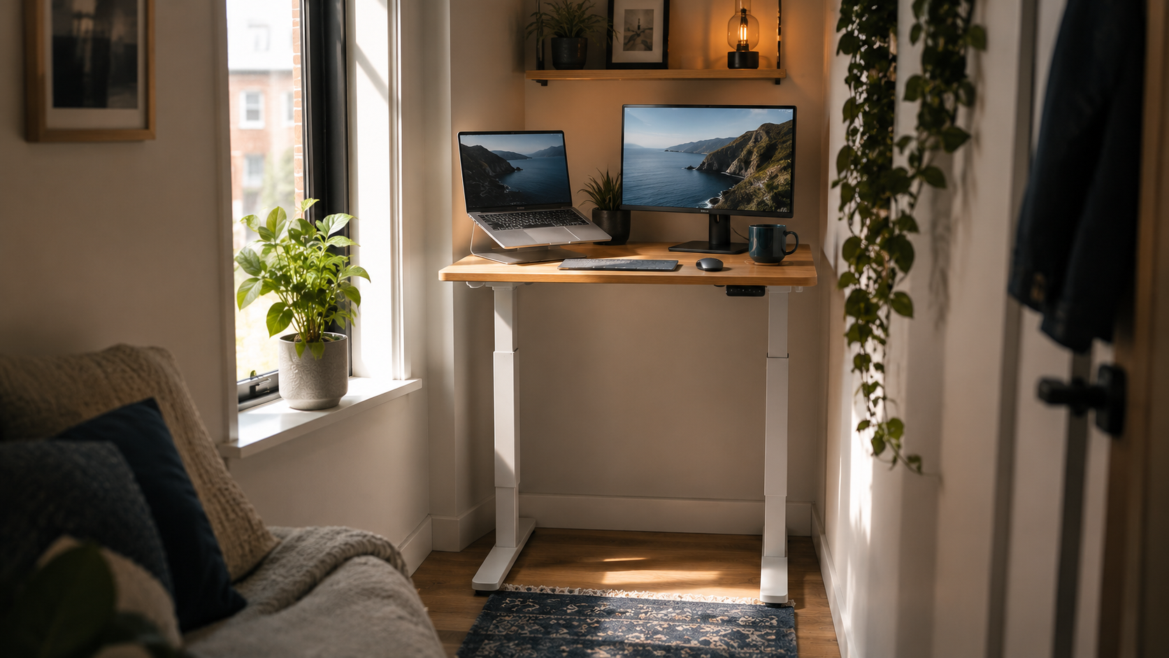 Best standing desk for small spaces — compact standing desk in a small apartment corner