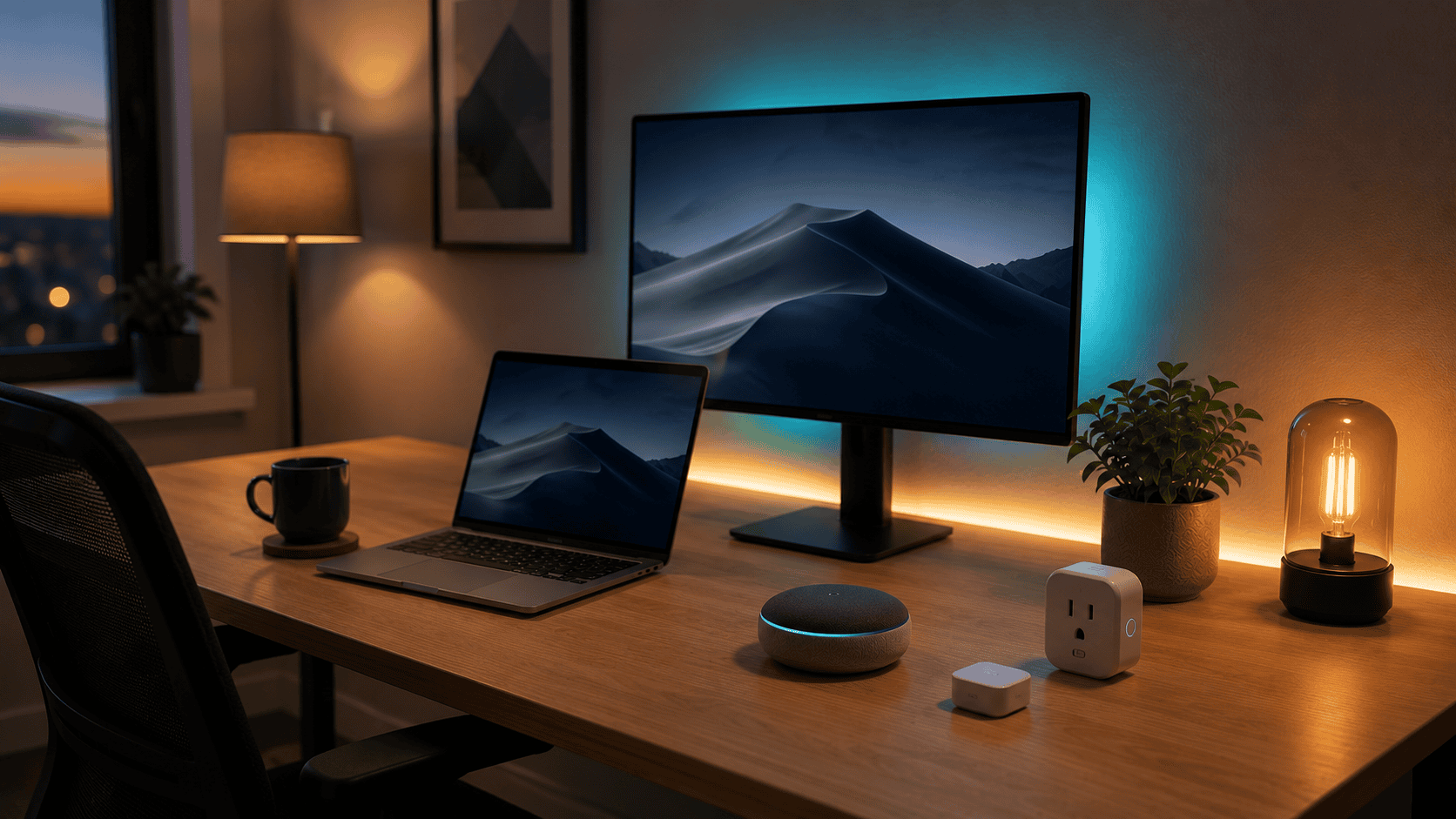 Best smart home devices for home office — smart lighting and gadgets on an evening work desk