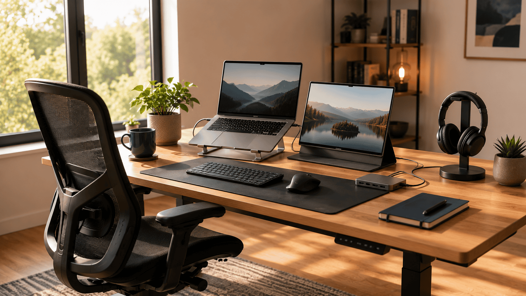 Complete hybrid work essentials checklist — full home office setup with desk, chair, laptop and audio gear
