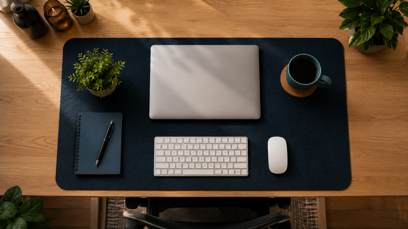 Best desk pad for home office — large desk pad on a tidy home office desk