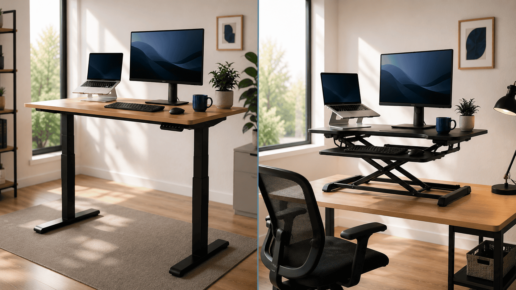 Standing desk vs converter — full standing desk and a desktop converter compared side by side