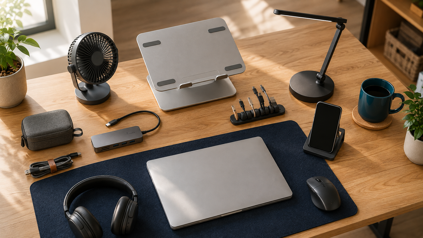 Best desk gadgets for a home office — assortment of useful desk gadgets on a tidy work desk