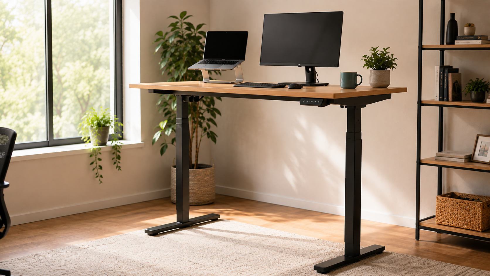 Best standing desk for tall people — tall electric standing desk raised high in a home office