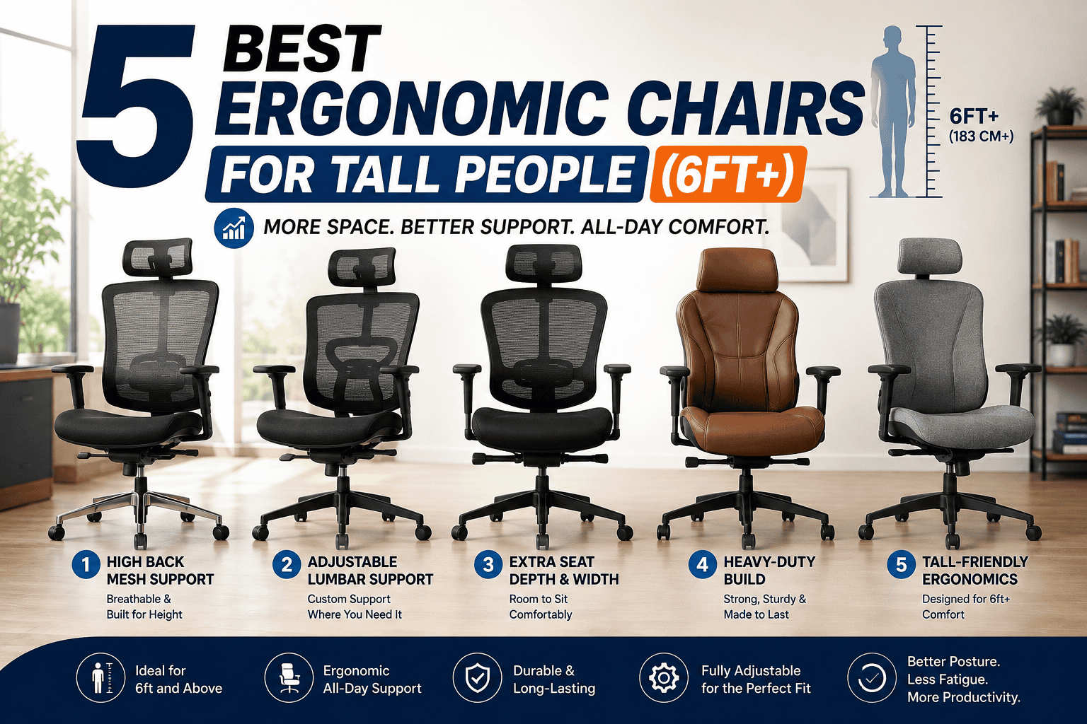 Best ergonomic chair for tall people — high-back office chair with tall backrest at a home office desk