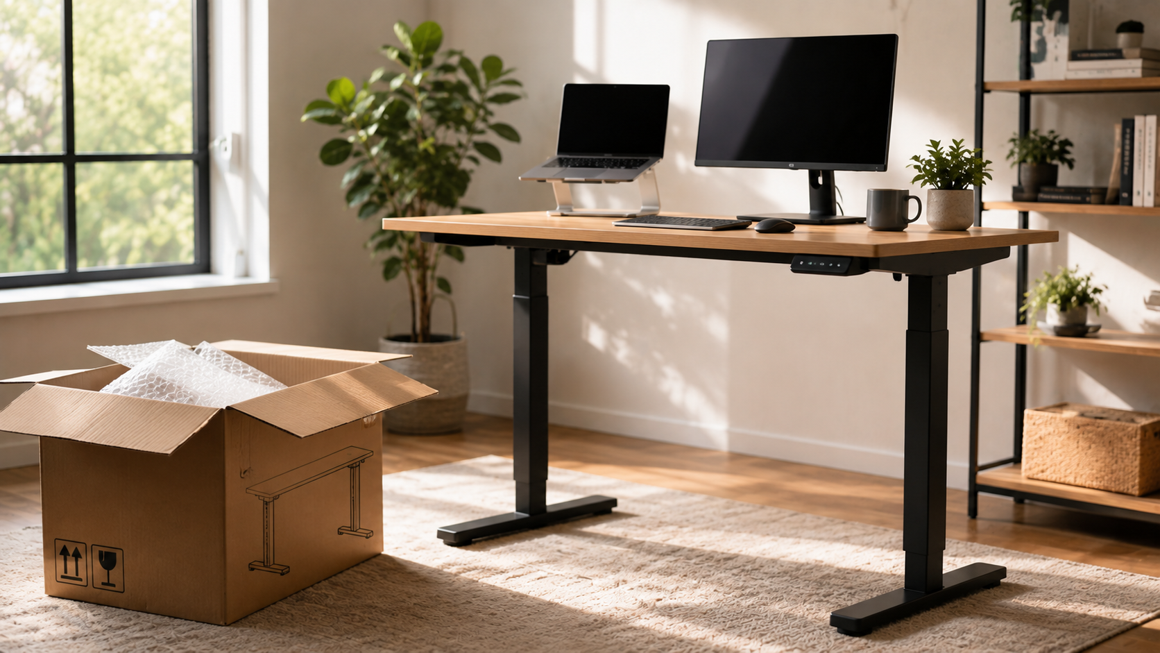 Where to buy a standing desk — standing desk with a delivery box in a home office comparing purchase options