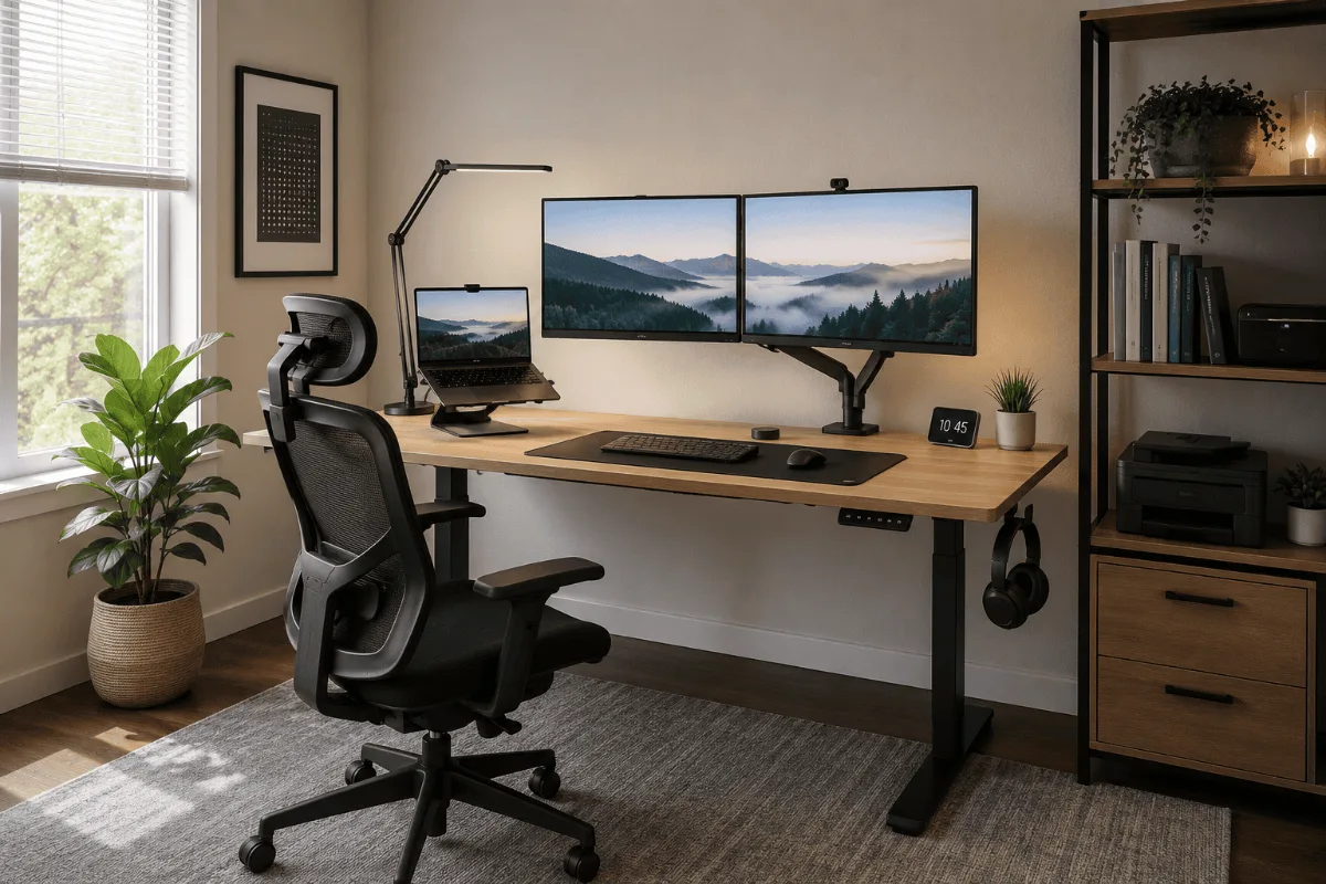 Ergonomic home office setup with height-adjustable standing desk, mesh chair, and dual monitors on a monitor arm