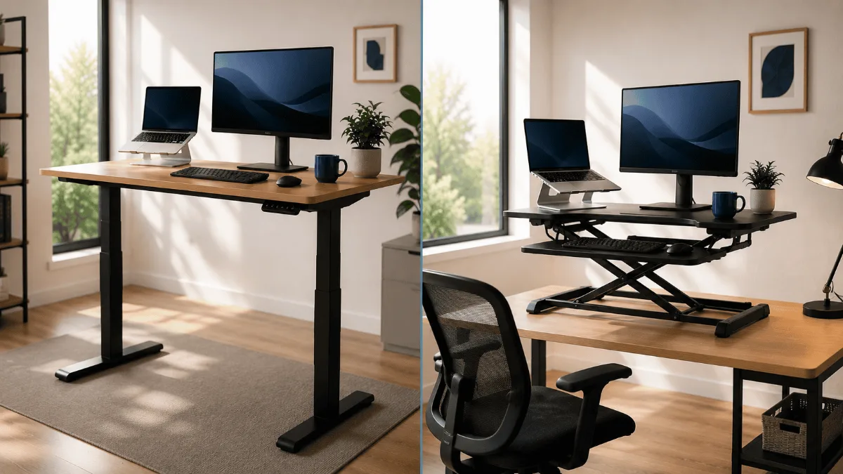Standing desk vs converter — full standing desk and a desktop converter compared side by side