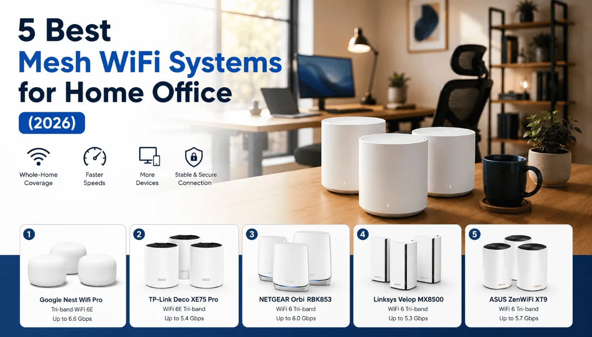 Best mesh WiFi system for home office — mesh router node on a desk for reliable video calls
