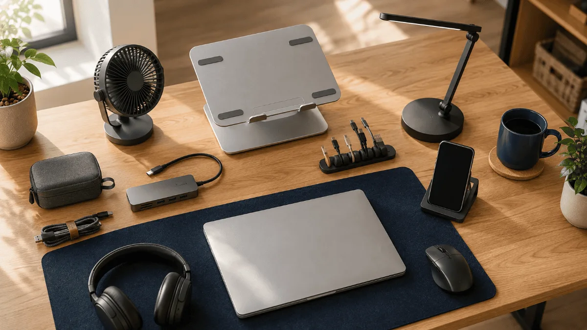 Best desk gadgets for a home office — assortment of useful desk gadgets on a tidy work desk