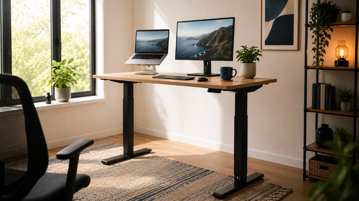 Best standing desk under $300 — electric standing desk raised in a home office