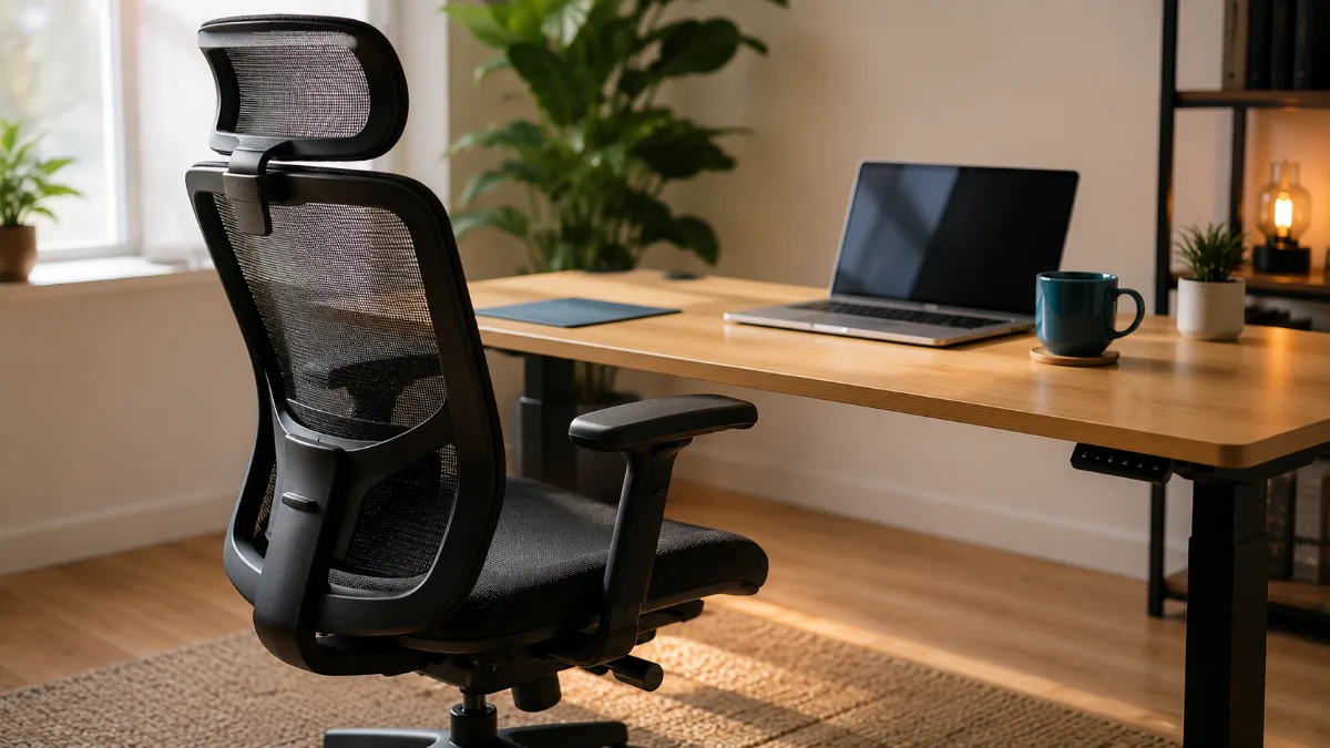 Close-up of mesh backrest and lumbar support on an ergonomic office chair