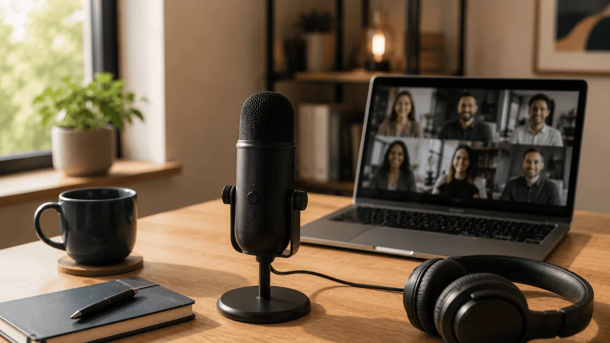 Best USB microphone for video calls — desktop USB mic in front of a laptop on a work desk