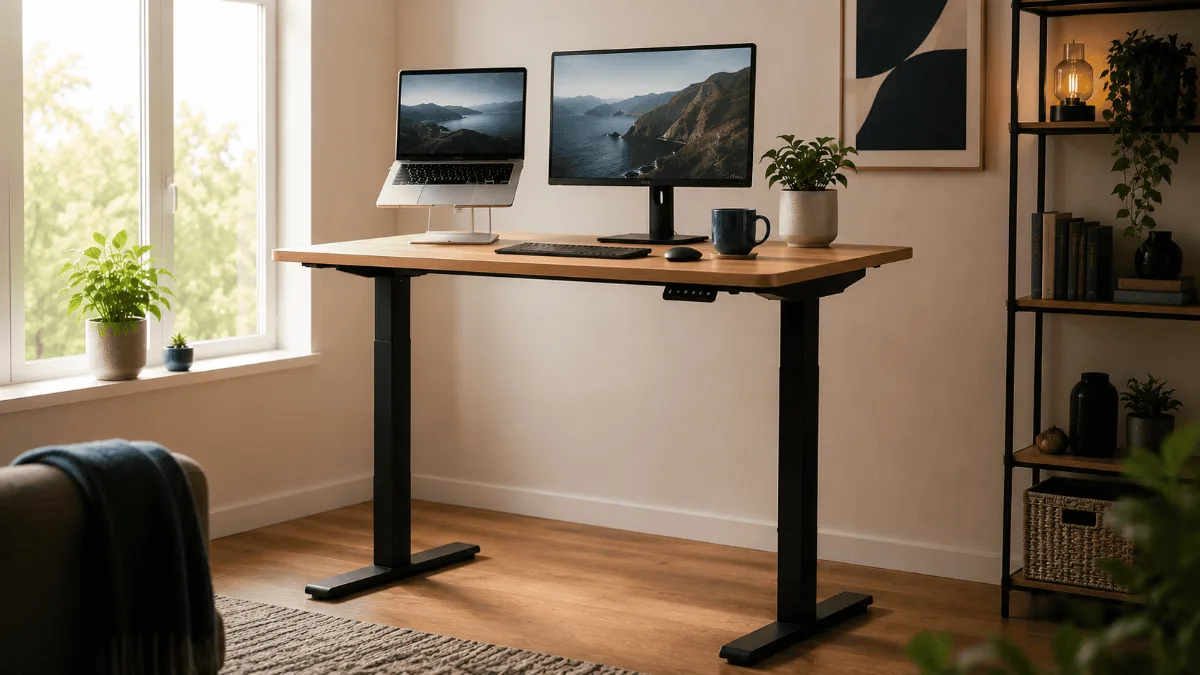 Fezibo standing desk review — electric standing desk raised in a home office