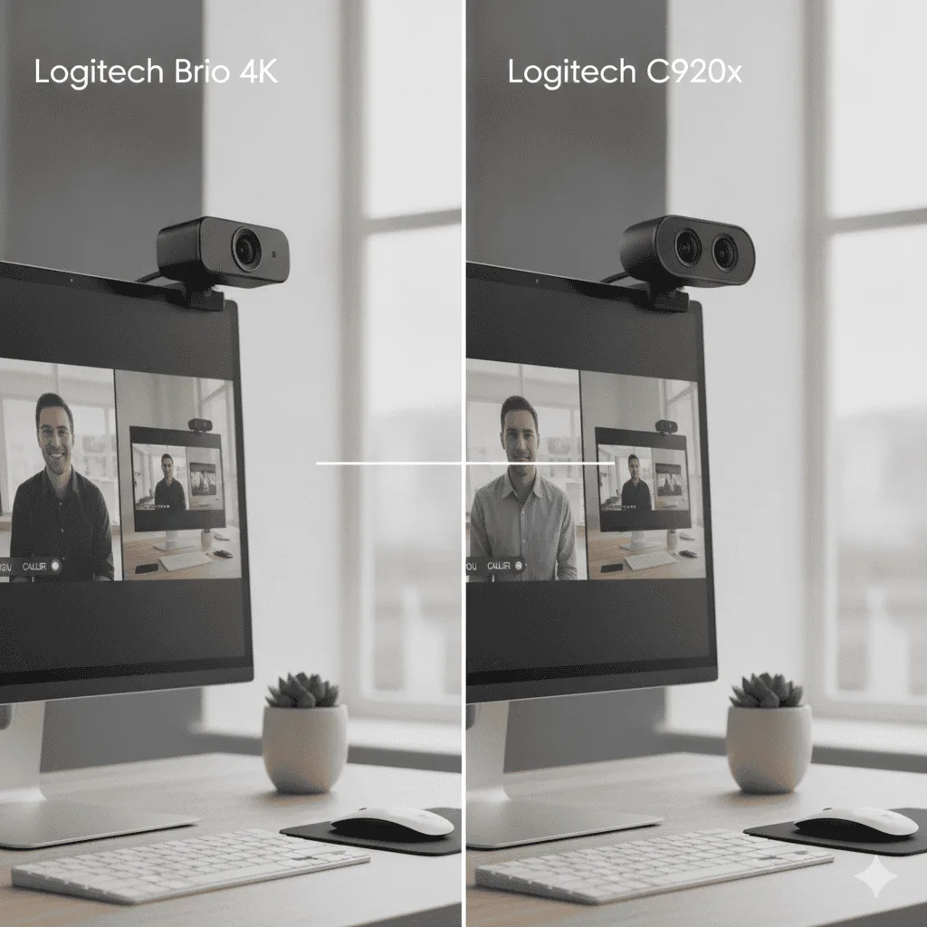 Logitech Brio 4K vs C920x webcam comparison on desk setup for remote work