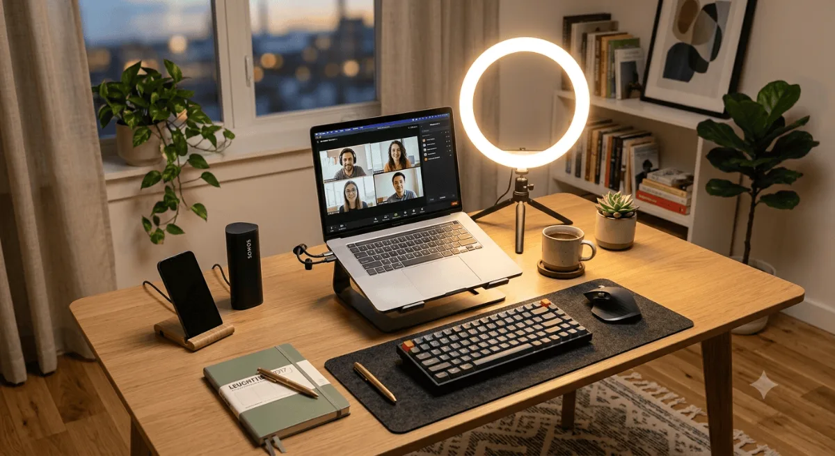 Ring light setup for video conferencing in home office with laptop and professional lighting
