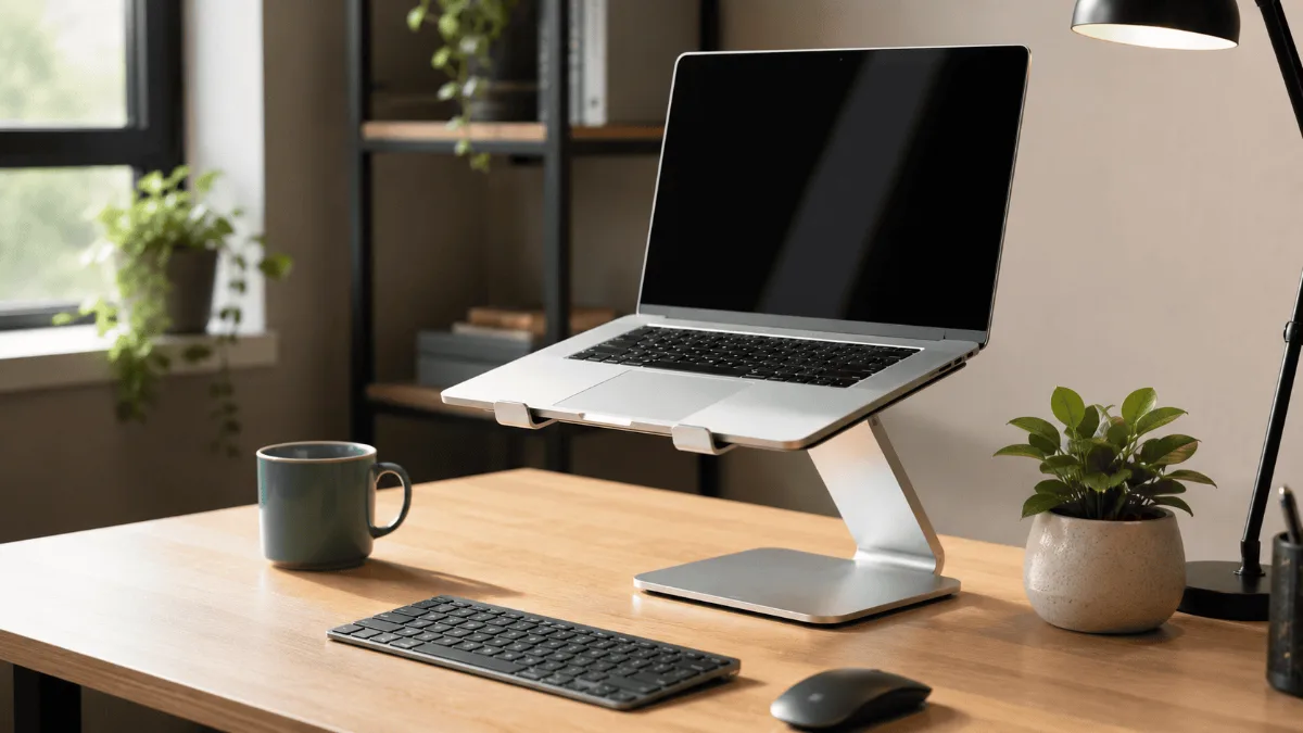 Best laptop stand for desk — laptop raised to eye level on a stand in a home office