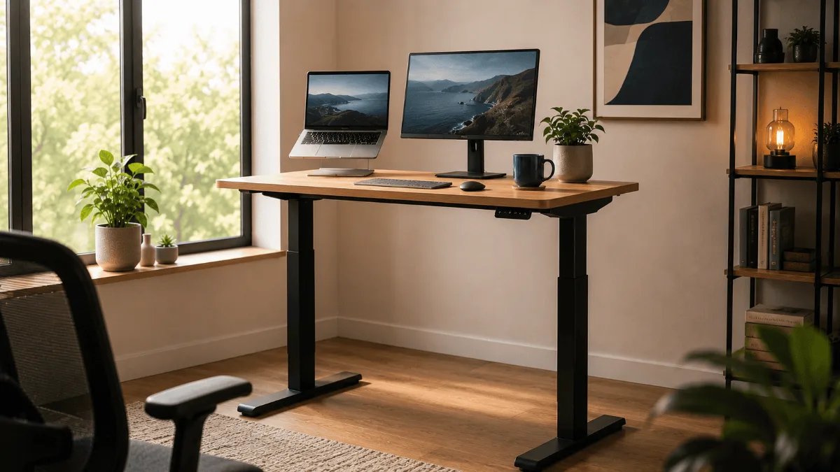 Fezibo standing desk review — electric standing desk in a home office at standing height