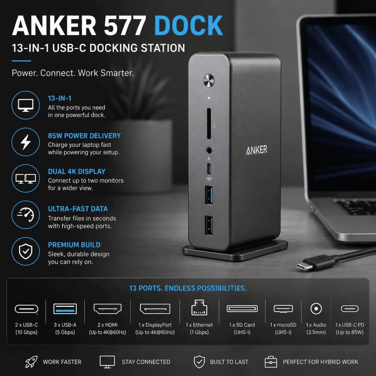 Anker 577 USB-C docking station on a clean desk setup connected to dual monitors and a MacBook Pro