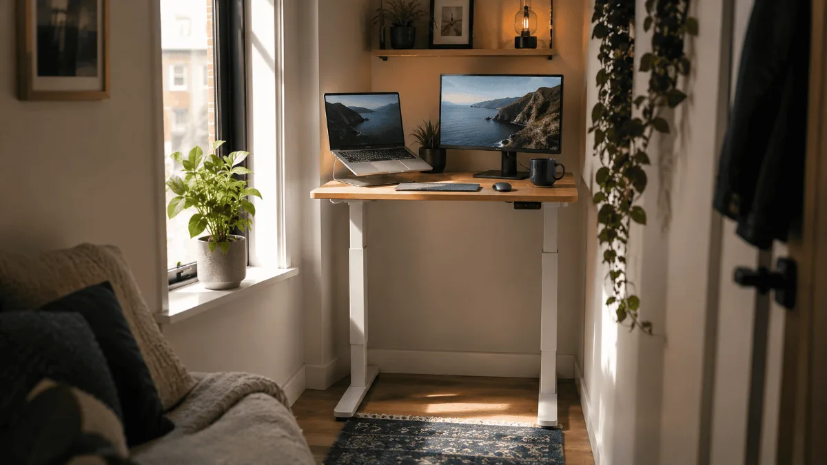 Best standing desk for small spaces — compact standing desk in a small apartment corner