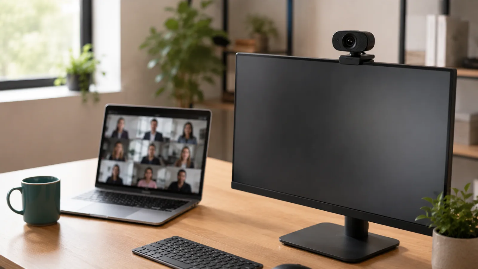 Monitor showing a video call grid on a hybrid work desk setup